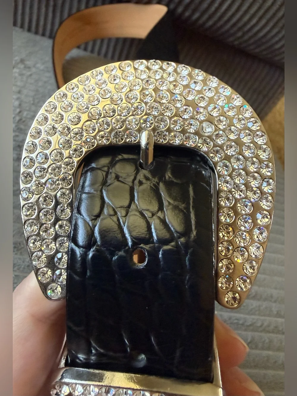 Lake Shore Drive Women's Black Leather Belt Rhinestone Embellished Silver Buckle